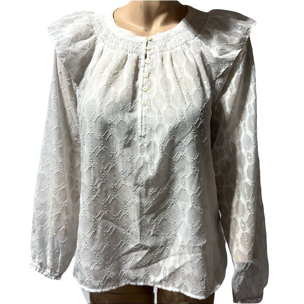 LOFT Blouse White Silver Embroidered Top Size M Medium Ruffle Shoulder NWT